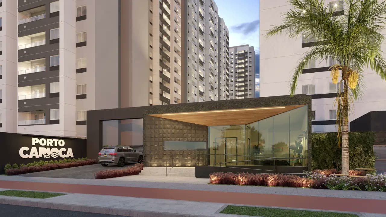 Render da entrada do Porto Carioca, com portaria de vidro e as torres ao fundo